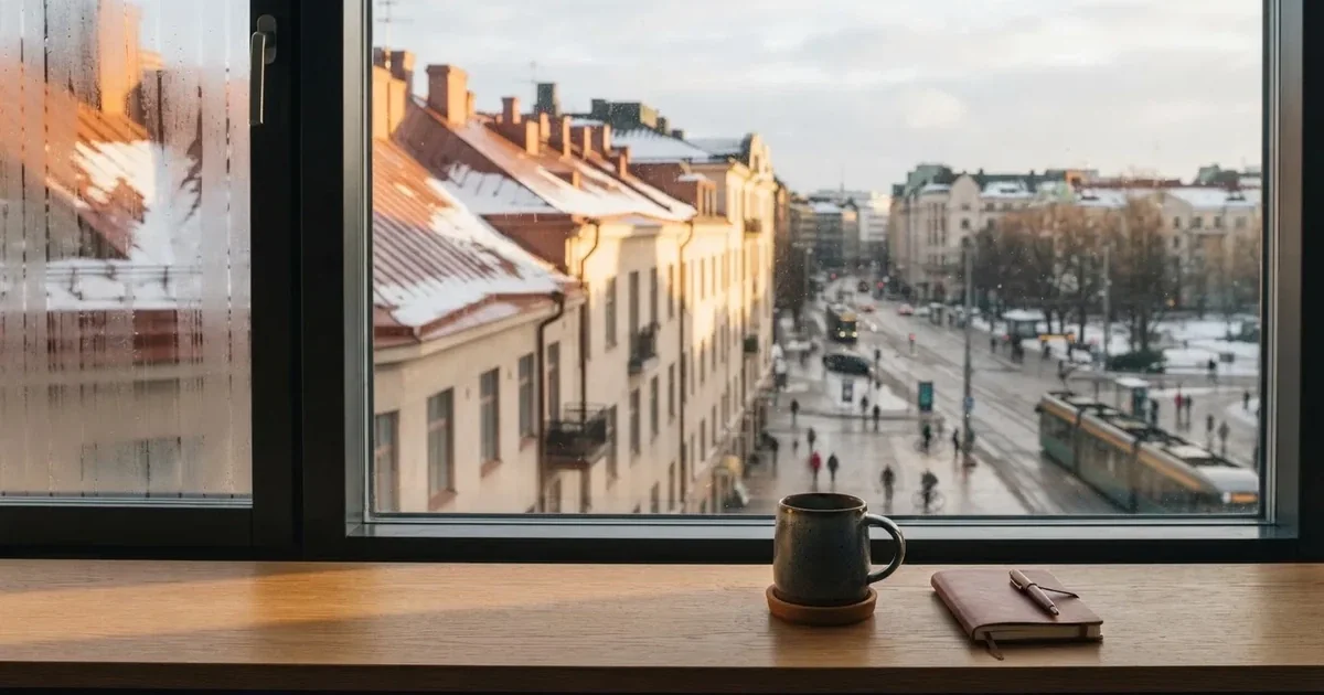 Toimistohuoneen ikkunasta näkyy maaliskuun aamu, lumi sulaa katolla auringonpaisteessa hiljaisella aamulla.